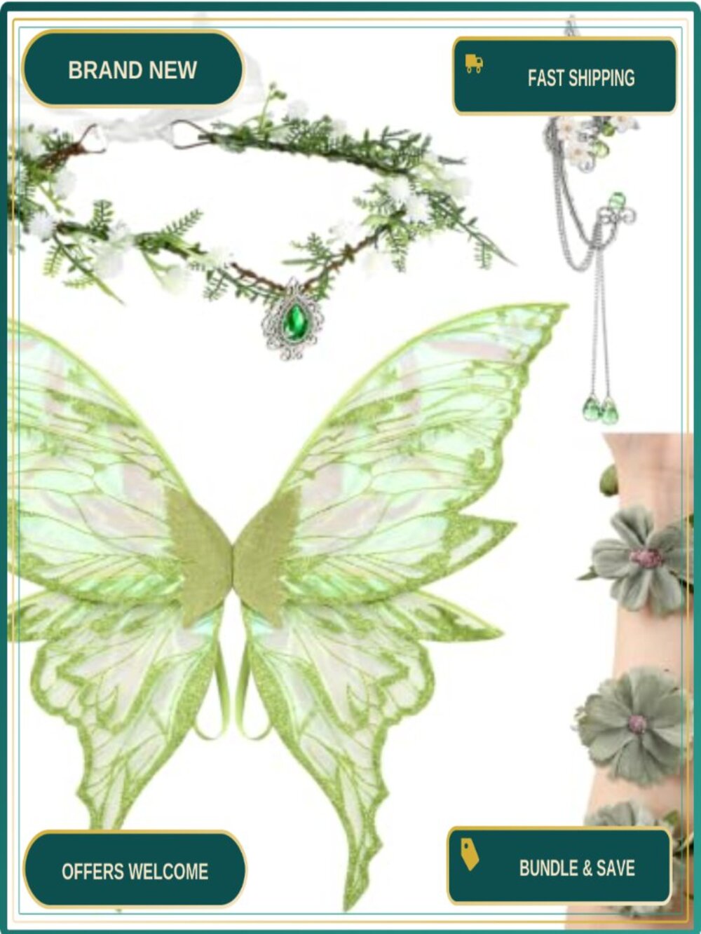 Fairy Wings Costume Set Butterfly Wings Leaf Crown Ear Clips Armband